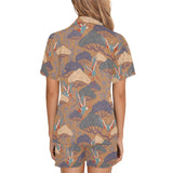 Bonsai bamboo stork japanese pattern brown theme Women's V-Neck Short Pajama Set