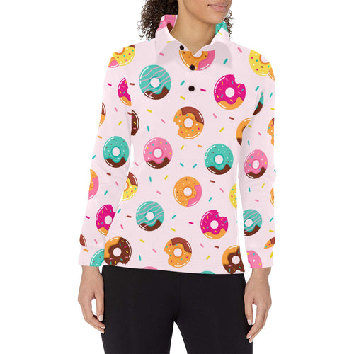 Donut pattern glaze pink background Women's Long Sleeve Polo Shirt