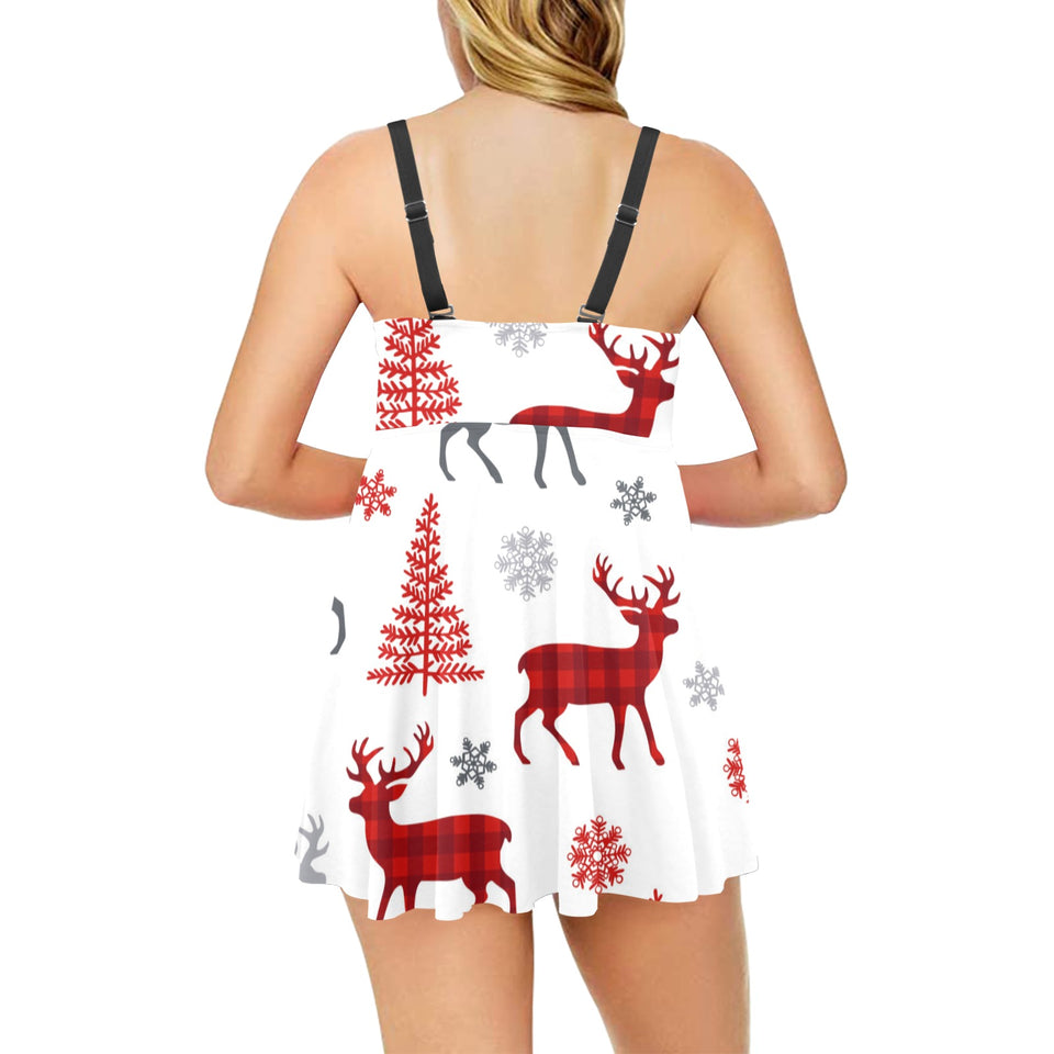 Deer tree snowflakes chrismas pattern Chest Sexy Pleated Two Piece Swim Dress