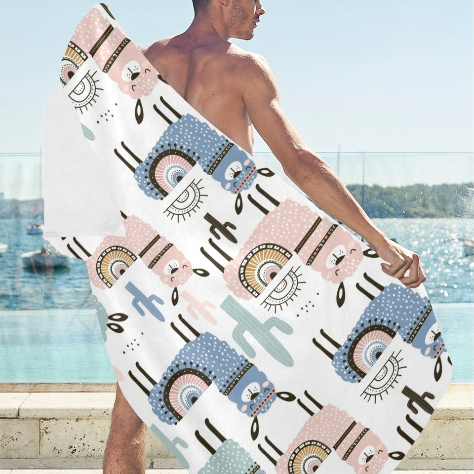 lama Alpaca cactus hand drawn pattern Beach Towel