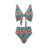 British Pattern Print Design 04 Chest Bowknot High Waisted Bikini Swimsuit
