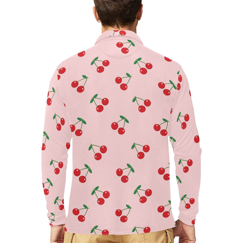 cherry pattern pink background Men's Long Sleeve Polo Shirt