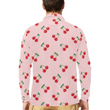cherry pattern pink background Men's Long Sleeve Polo Shirt
