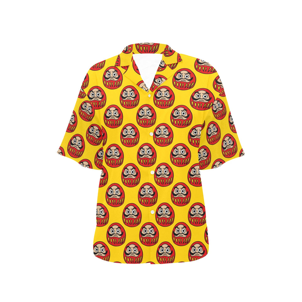 Daruma japanese wooden doll yellow background Women's All Over Print Hawaiian Shirt