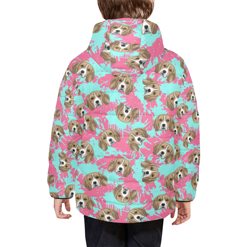 Beagle muzzles turquoise paint splashes pink patte Kids' Boys' Girls' Padded Hooded Jacket