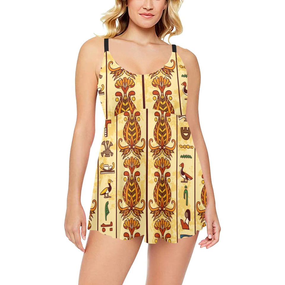 Egypt Hieroglyphics Pattern Print Design 04 Chest Sexy Pleated Two Piece Swim Dress