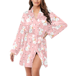 Cute white rabbit flower pink background Women's Long Sleeve Belted Night Robe