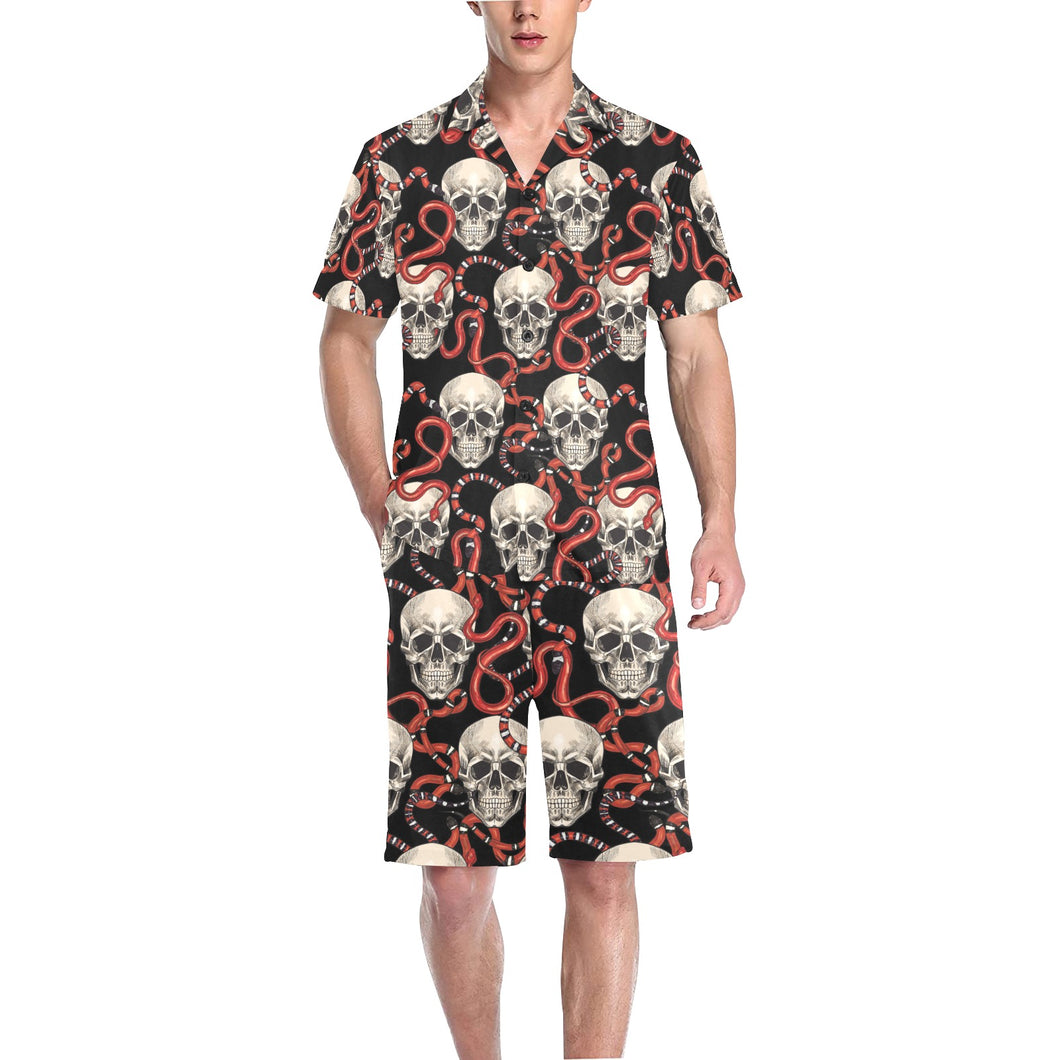 Red snake skull pattern Men's V-Neck Short Pajama Set