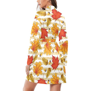 Maple leaf oak leaf acorns beige striped backgroun Women's Long Sleeve Belted Night Robe