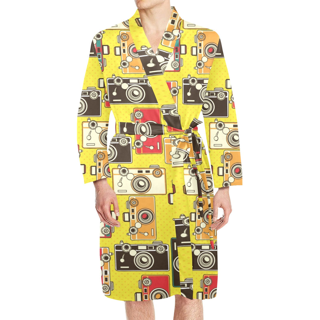 Camera Pattern Print Design 02 Men's Long Sleeve Belted Night Robe