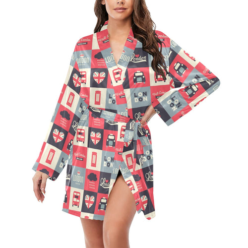British Pattern Print Design 05 Women's Long Sleeve Belted Night Robe
