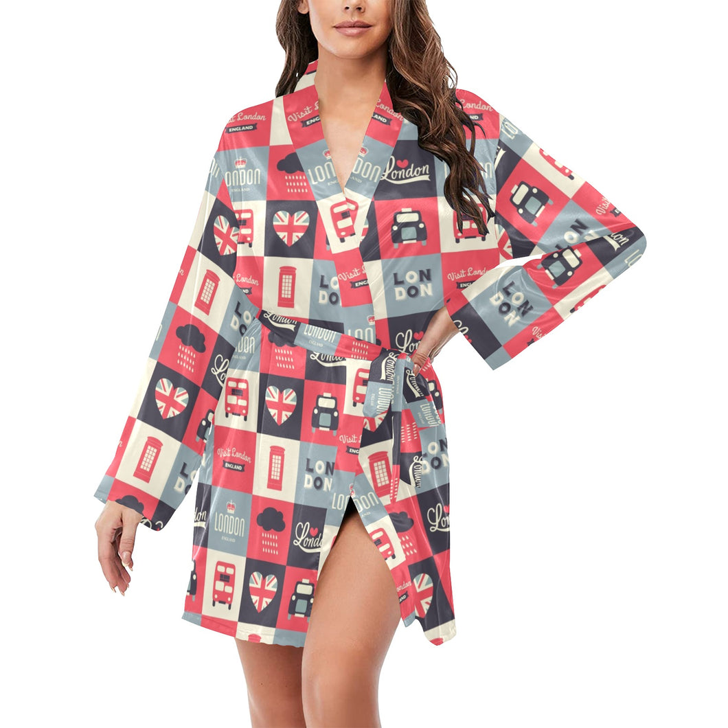 British Pattern Print Design 05 Women's Long Sleeve Belted Night Robe