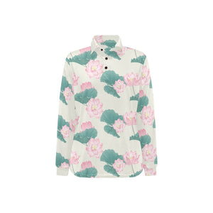 Pink lotus waterlily leaves pattern Women's Long Sleeve Polo Shirt
