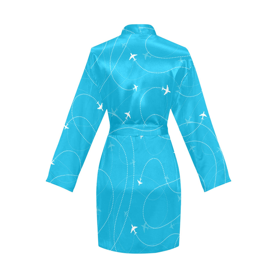 Airplane destinations blue background Women's Long Sleeve Belted Night Robe