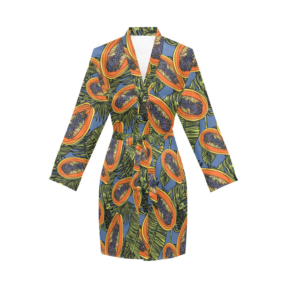 Colorful papaya tropical leaves Women's Long Sleeve Belted Night Robe