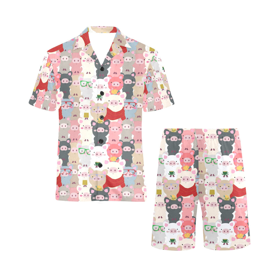 Pig Pattern Print Design 02 Men's V-Neck Short Pajama Set