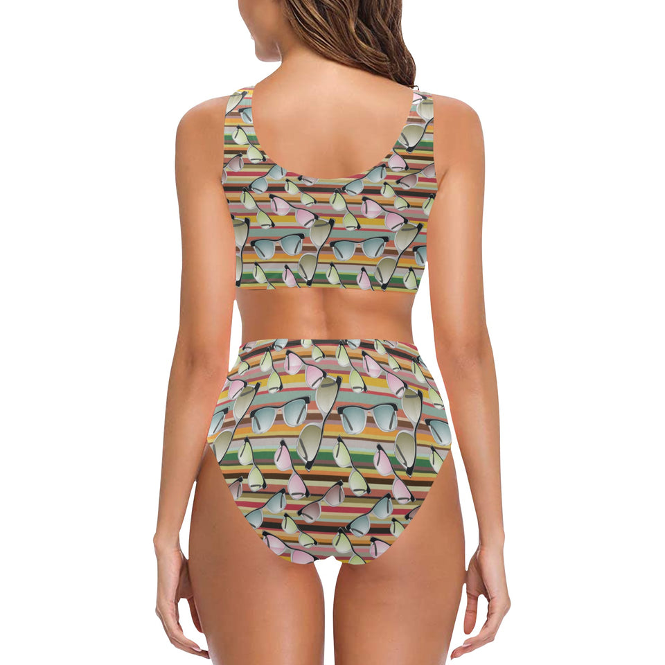 Sun Glasses Pattern Print Design 02 Chest Bowknot High Waisted Bikini Swimsuit