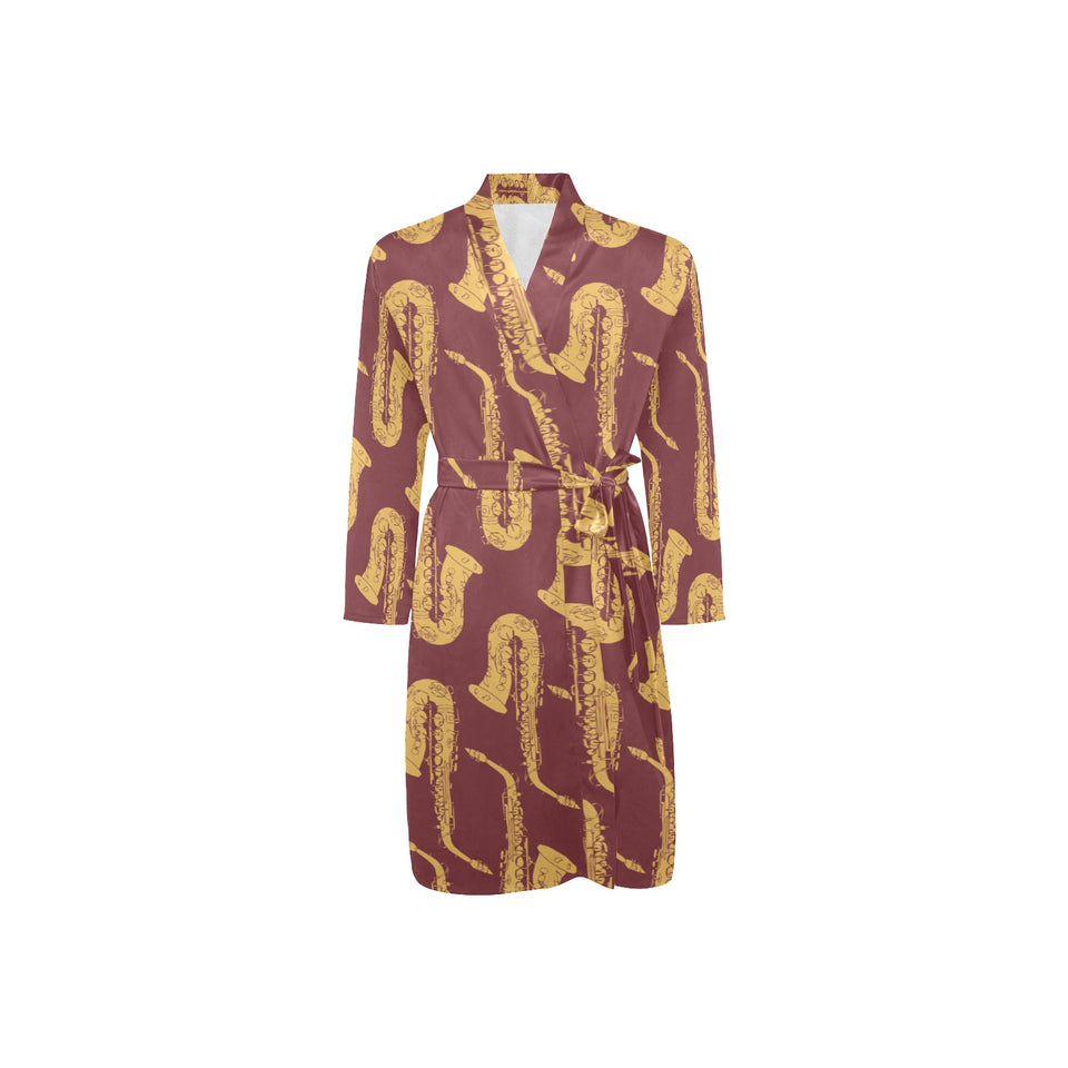 Hand drawn gold saxophone red background Men's Long Sleeve Belted Night Robe
