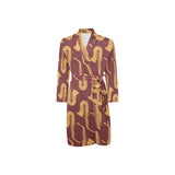 Hand drawn gold saxophone red background Men's Long Sleeve Belted Night Robe