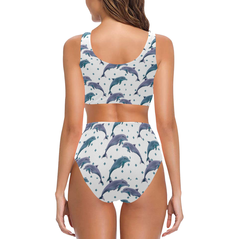 Dolphins pattern dotted background Chest Bowknot High Waisted Bikini Swimsuit