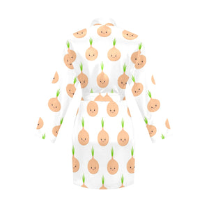 cute onions smiling faces Women's Long Sleeve Belted Night Robe