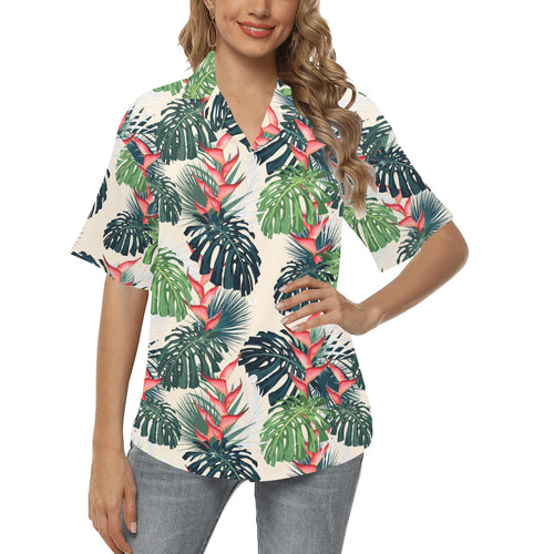 heliconia flowers, palm and monstera leaves Women's All Over Print Hawaiian Shirt