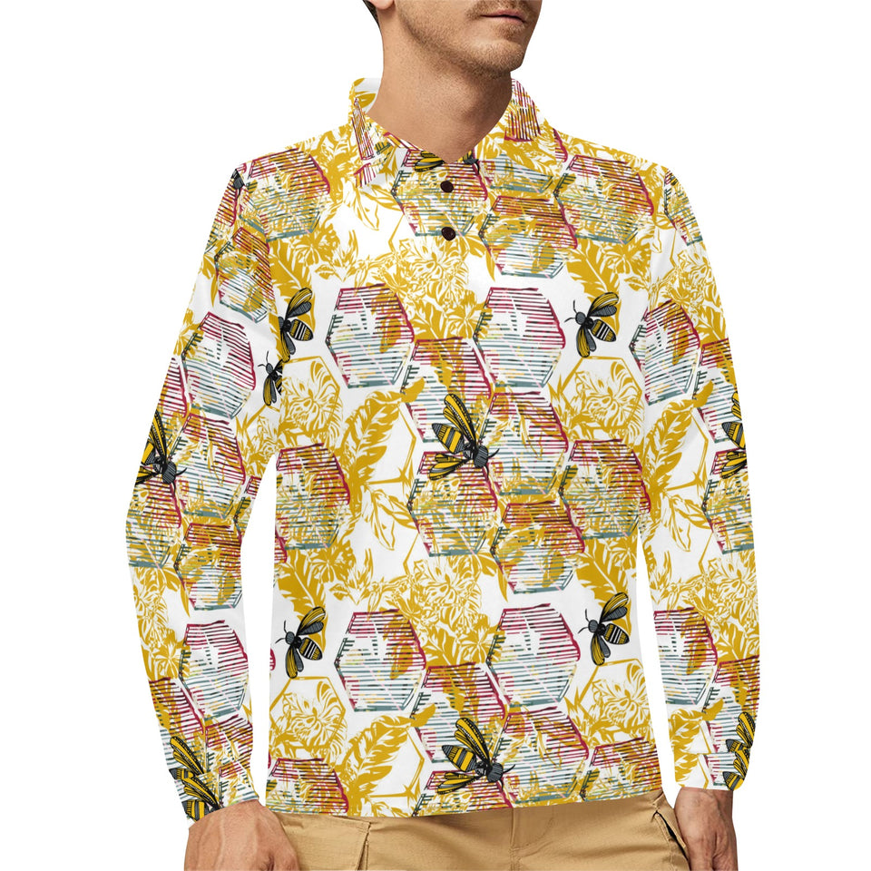 Cool Bee honeycomb leaves pattern Men's Long Sleeve Polo Shirt