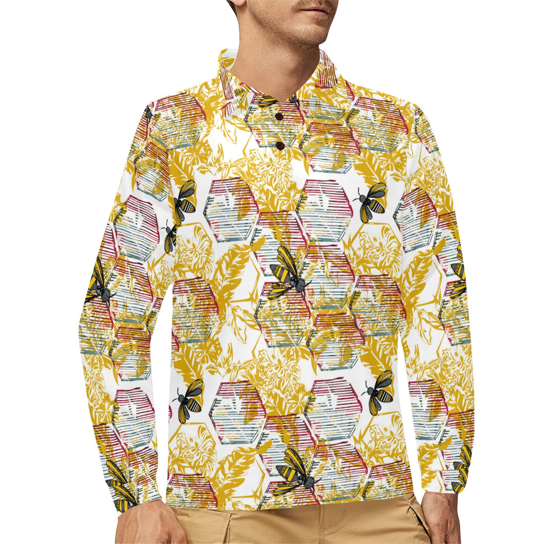 Cool Bee honeycomb leaves pattern Men's Long Sleeve Polo Shirt