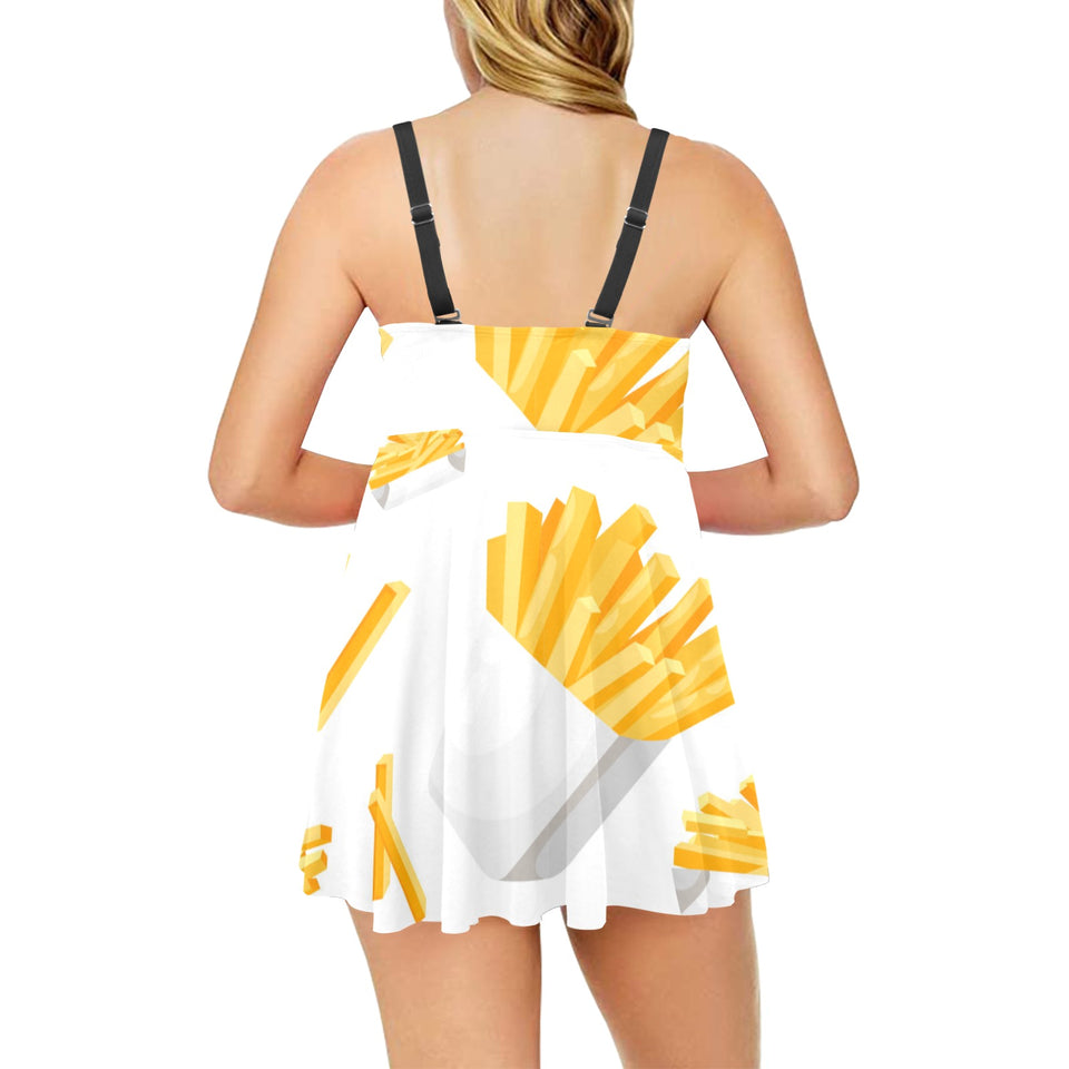 French fries white paper box pattern Chest Sexy Pleated Two Piece Swim Dress