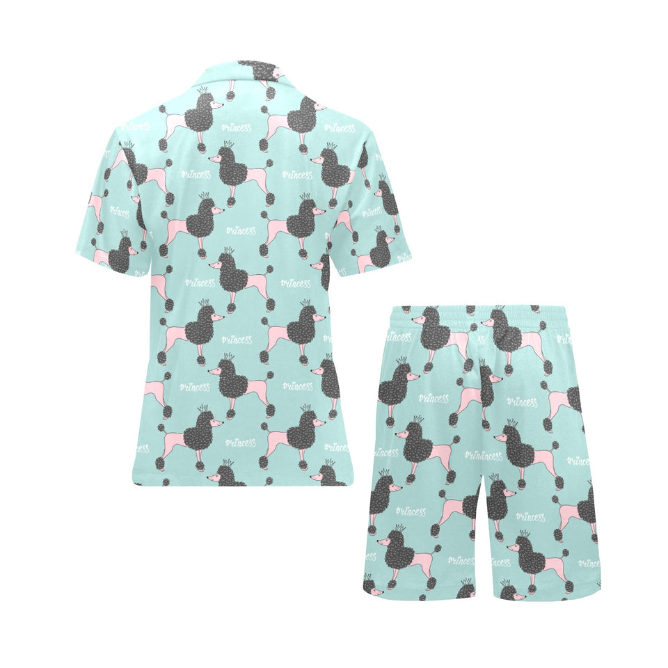 poodle dog green background Men's V-Neck Short Pajama Set