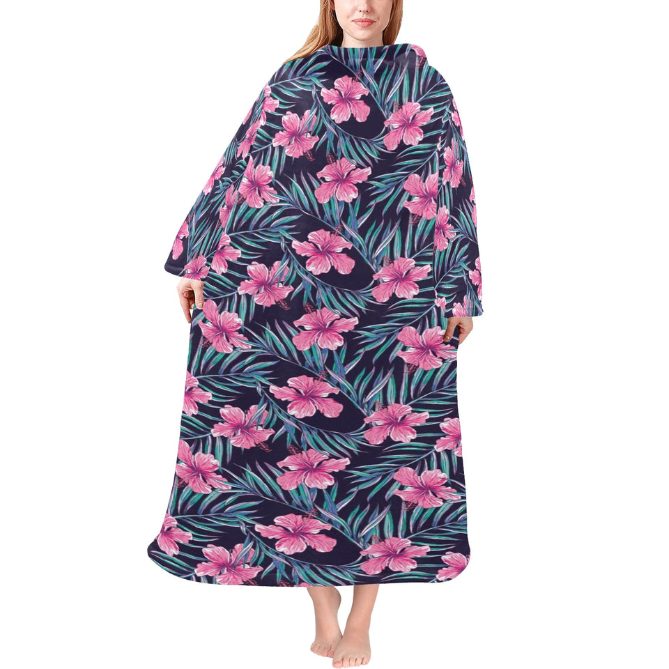 Hibiscus Pattern Print Design 05 Blanket Robe with Sleeves