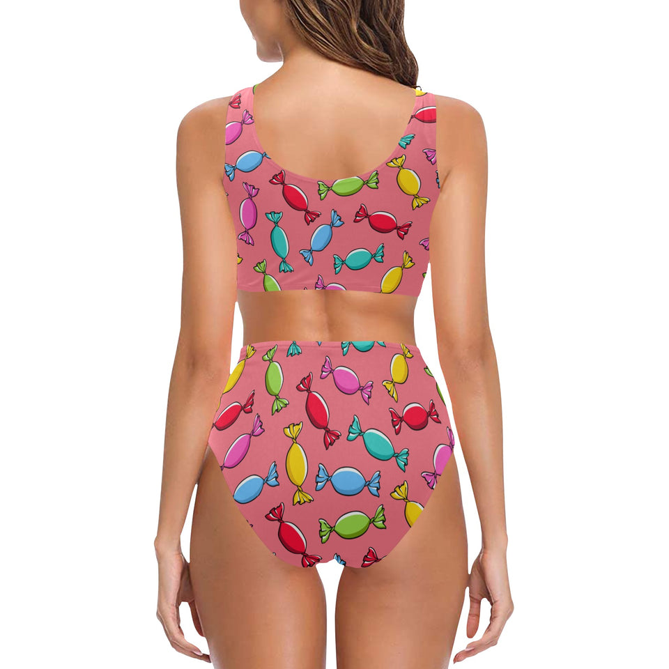 Colorful wrapped candy pattern Chest Bowknot High Waisted Bikini Swimsuit