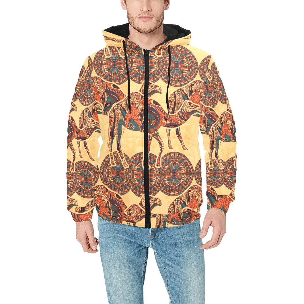Camel polynesian tribal design pattern Men's Padded Hooded Jacket