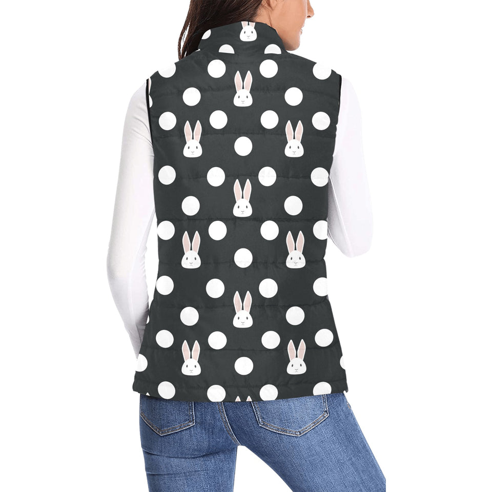 Cute white rabbit polka dots black background Women's Padded Vest