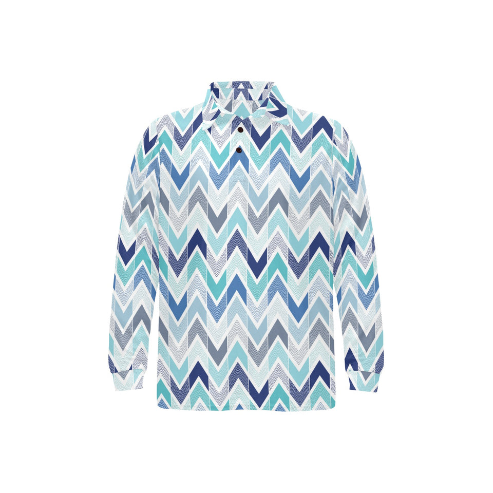 zigzag chevron blue pattern Men's Long Sleeve Polo Shirt