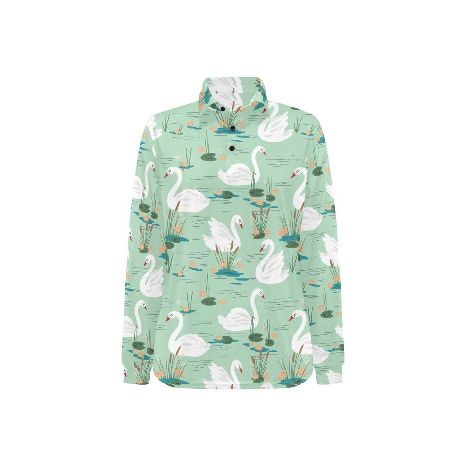 White swan lake pattern Women's Long Sleeve Polo Shirt