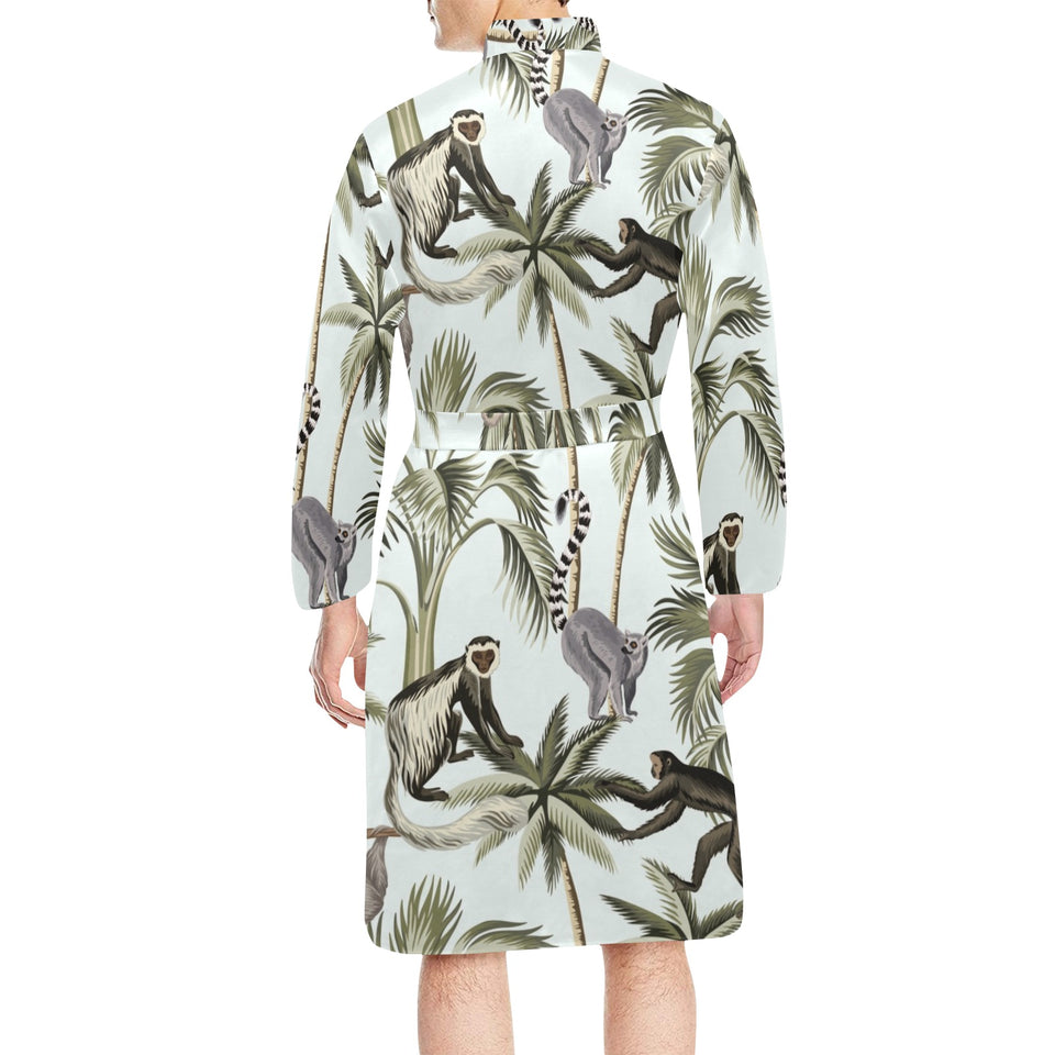 Monkey sloth lemur palm trees pattern Men's Long Sleeve Belted Night Robe