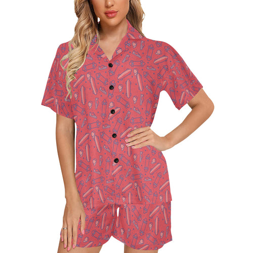 Skate Board Pattern Print Design 01 Women's V-Neck Short Pajama Set