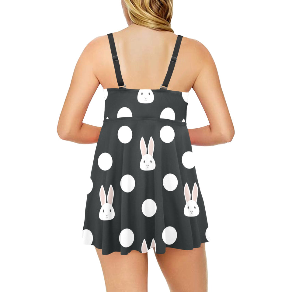 Cute white rabbit polka dots black background Chest Sexy Pleated Two Piece Swim Dress