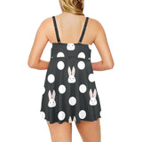 Cute white rabbit polka dots black background Chest Sexy Pleated Two Piece Swim Dress
