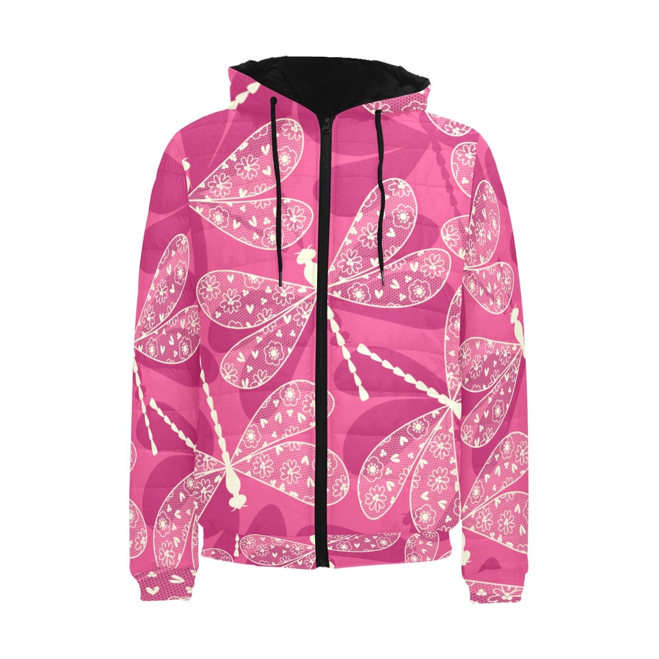 Beautiful dragonfly pink background Men's Padded Hooded Jacket