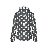 Cute white rabbit polka dots black background Women's Padded Hooded Jacket