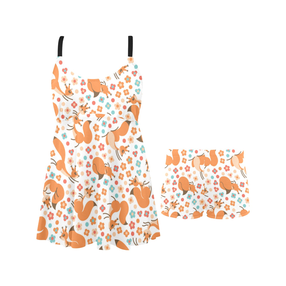 Squirrel Pattern Print Design 05 Chest Sexy Pleated Two Piece Swim Dress