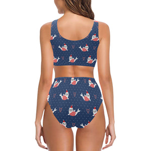 Cute sea lion seal christmas hat candy cane heart Chest Bowknot High Waisted Bikini Swimsuit