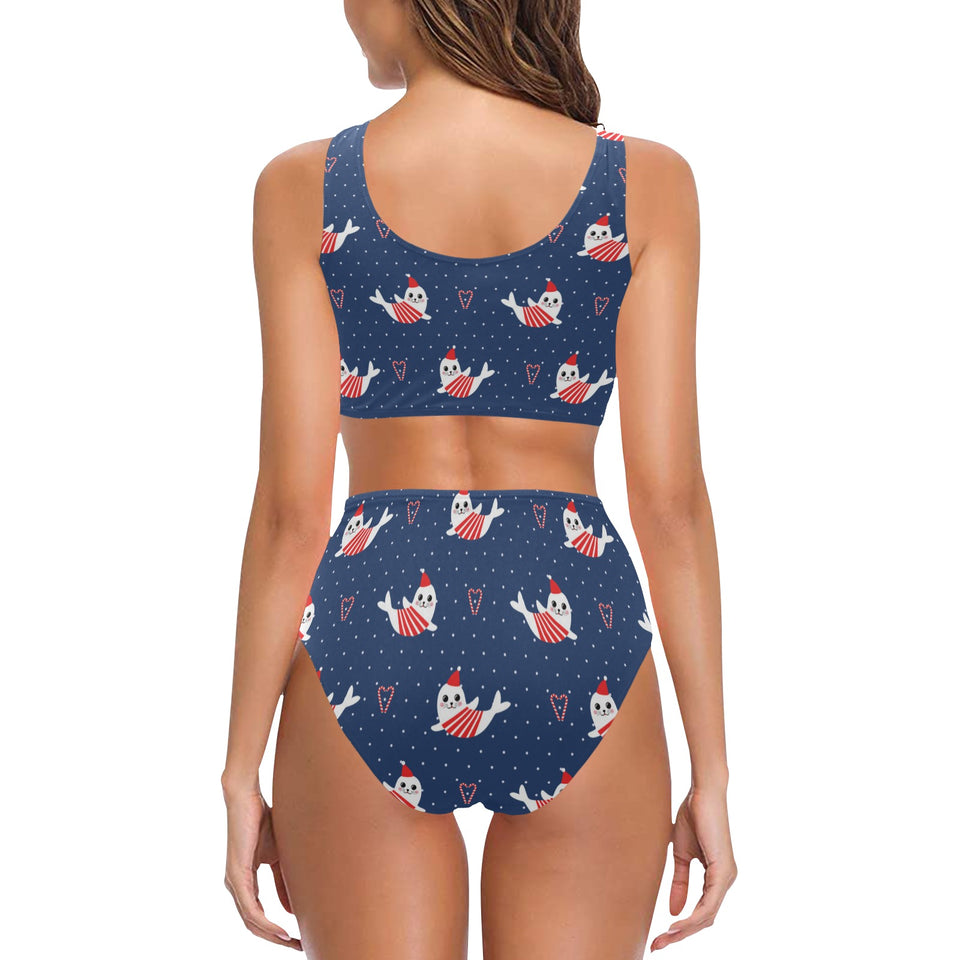 Cute sea lion seal christmas hat candy cane heart Chest Bowknot High Waisted Bikini Swimsuit