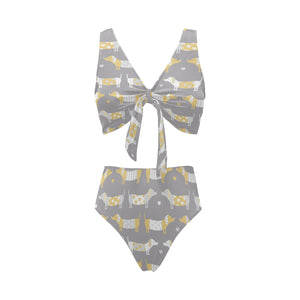 Cute dachshund dog pattern Chest Bowknot High Waisted Bikini Swimsuit