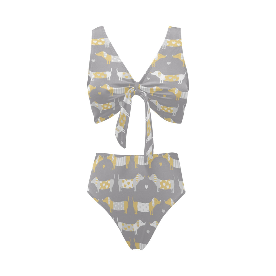 Cute dachshund dog pattern Chest Bowknot High Waisted Bikini Swimsuit