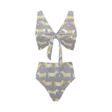 Cute dachshund dog pattern Chest Bowknot High Waisted Bikini Swimsuit