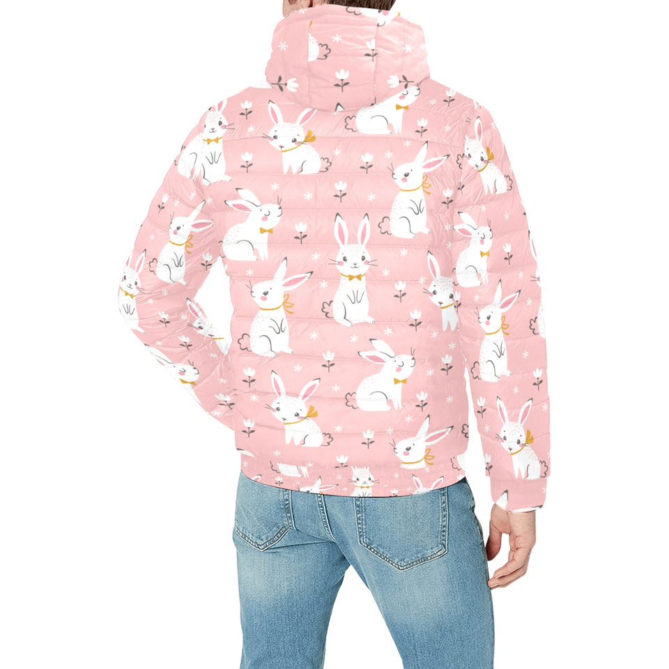 Cute white rabbit flower pink background Men's Padded Hooded Jacket