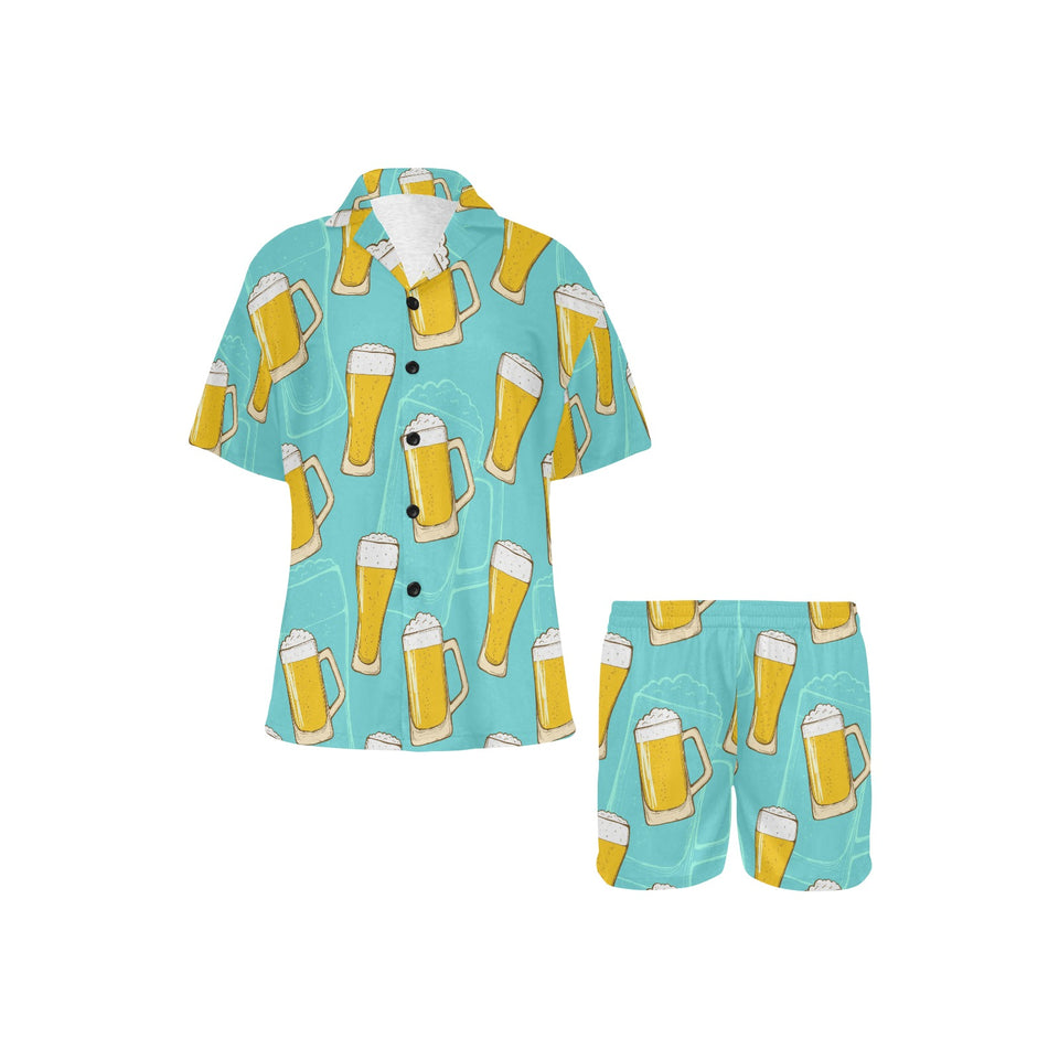 Beer pattern green background Women's V-Neck Short Pajama Set